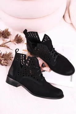 Online Boto Damskie Ażurowe Botki Zamszowe Czarne Susannah