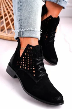 Online Boto Damskie Ażurowe Botki Zamszowe Czarne Susannah