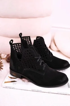Online Boto Damskie Ażurowe Botki Zamszowe Czarne Susannah
