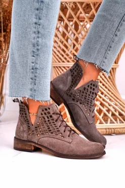Boto Botki Wiosenne|Botki Sznurowane*Damskie Ażurowe Botki Zamszowe Brązowe Susannah