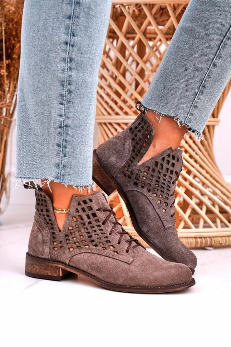 Boto Botki Wiosenne|Botki Sznurowane*Damskie Ażurowe Botki Zamszowe Brązowe Susannah
