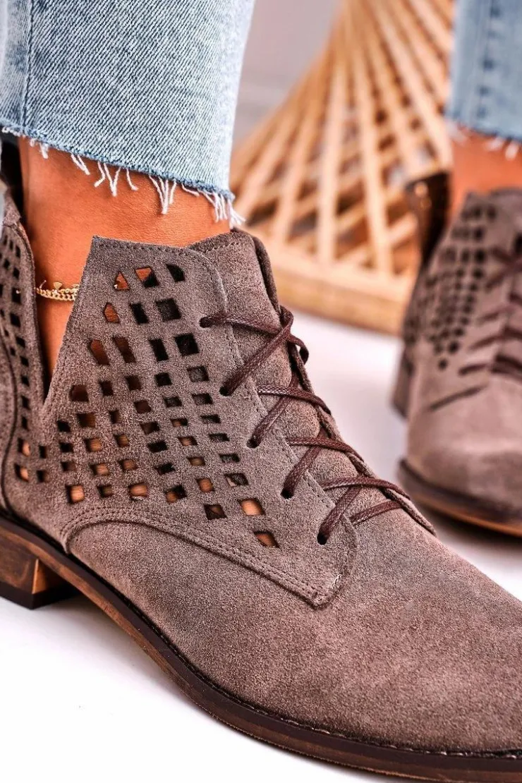 Boto Botki Wiosenne|Botki Sznurowane*Damskie Ażurowe Botki Zamszowe Brązowe Susannah