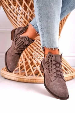 Boto Botki Wiosenne|Botki Sznurowane*Damskie Ażurowe Botki Zamszowe Brązowe Susannah