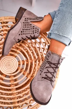 Damskie Boto Damskie Ażurowe Botki Zamszowe Cappuccino Susannah