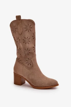 Damskie Boto Damskie Ażurowe Kozaki Do Połowy Łydki Z Eko Zamszu Beżowe Nevilos