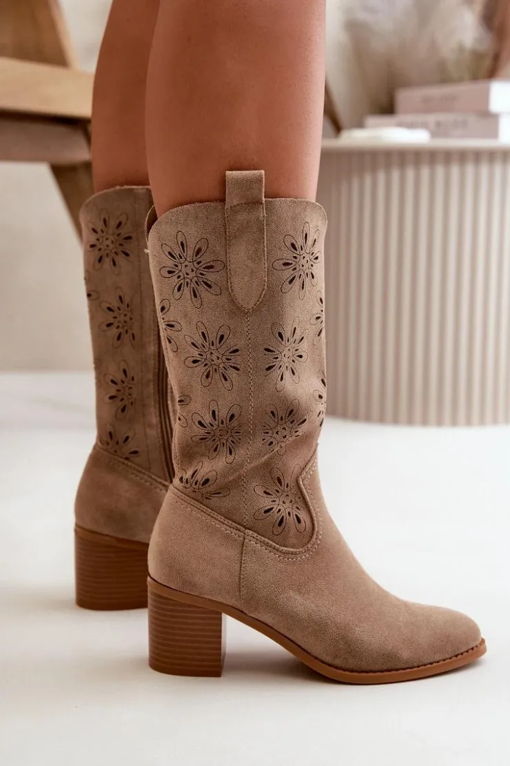 Damskie Boto Damskie Ażurowe Kozaki Do Połowy Łydki Z Eko Zamszu Beżowe Nevilos
