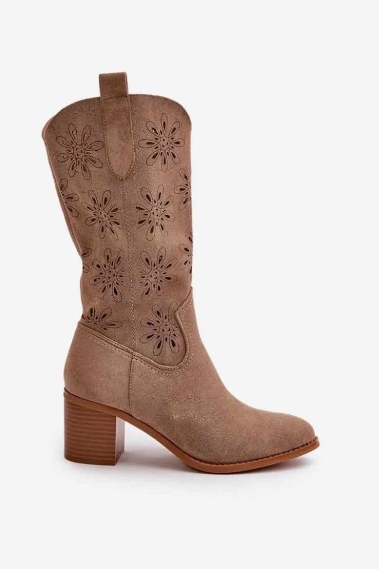 Damskie Boto Damskie Ażurowe Kozaki Do Połowy Łydki Z Eko Zamszu Beżowe Nevilos