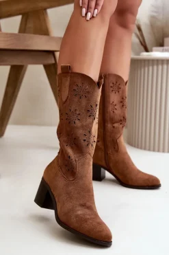 Online Boto Damskie Ażurowe Kozaki Do Połowy Łydki Z Eko Zamszu Brązowe Nevilos