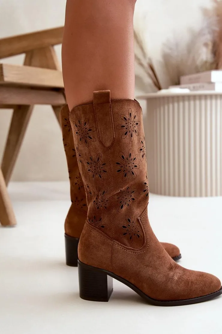 Online Boto Damskie Ażurowe Kozaki Do Połowy Łydki Z Eko Zamszu Brązowe Nevilos