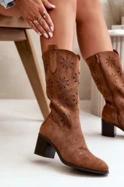 Online Boto Damskie Ażurowe Kozaki Do Połowy Łydki Z Eko Zamszu Brązowe Nevilos