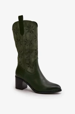 Boto Kozaki Ażurowe|Kozaki Na Obcasie*Damskie Ażurowe Kozaki Do Połowy Łydki Z Eko Zamszu Zielone Nevilos