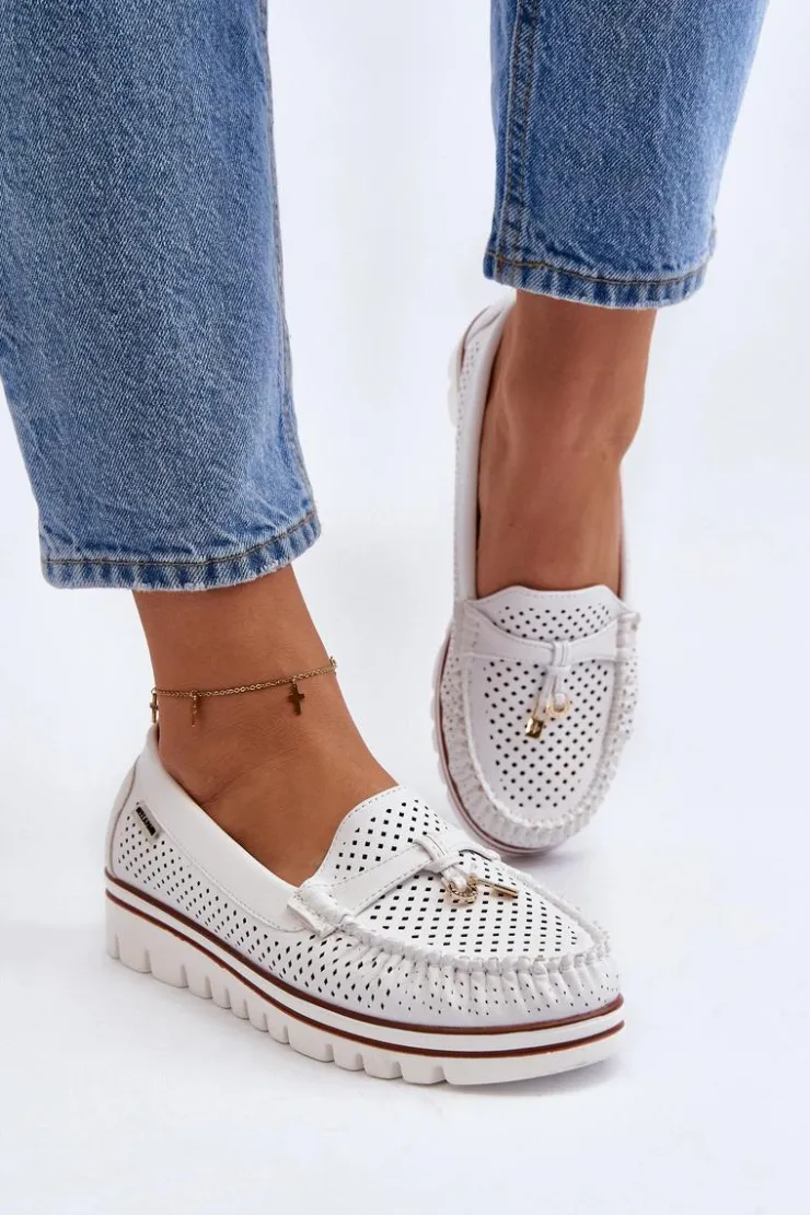 Boto Mokasyny Damskie Skórzane*Damskie Ażurowe Mokasyny Białe Twista