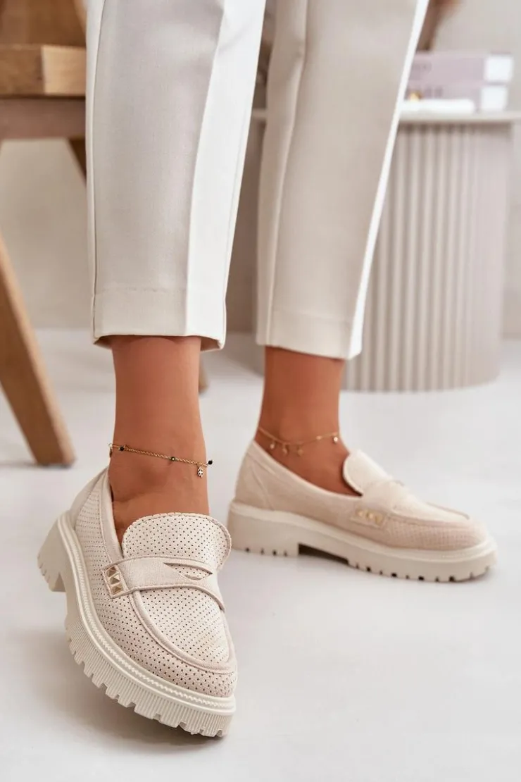 Boto Mokasyny Damskie Zamszowe*Damskie Ażurowe Półbuty Mokasyny Jasnobeżowe Tannes