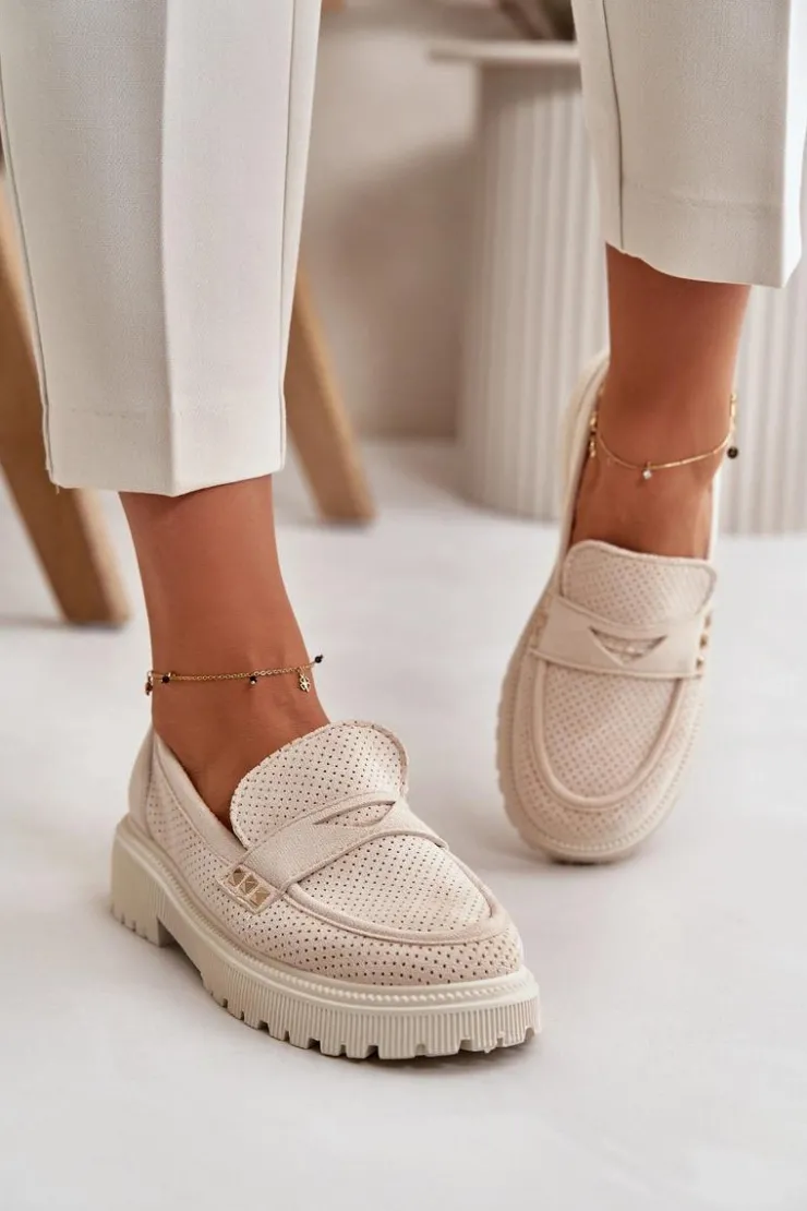 Boto Mokasyny Damskie Zamszowe*Damskie Ażurowe Półbuty Mokasyny Jasnobeżowe Tannes