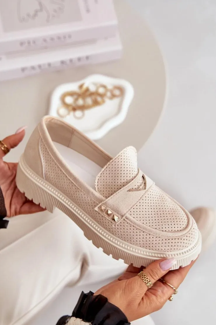 Boto Mokasyny Damskie Zamszowe*Damskie Ażurowe Półbuty Mokasyny Jasnobeżowe Tannes