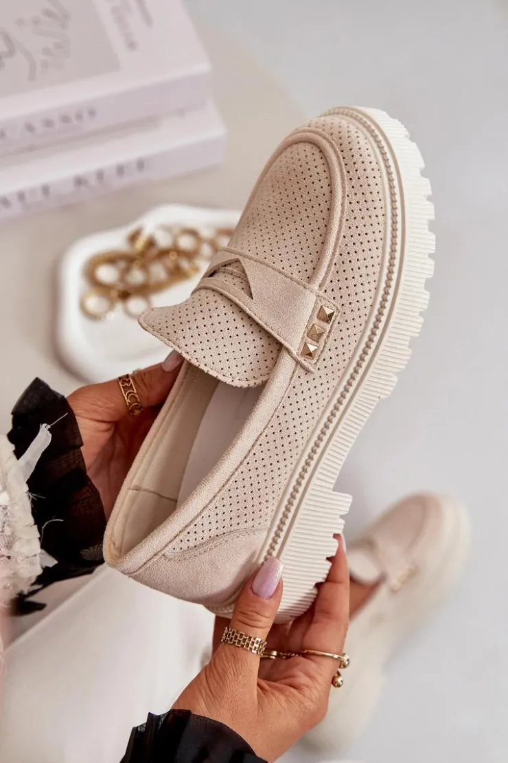 Boto Mokasyny Damskie Zamszowe*Damskie Ażurowe Półbuty Mokasyny Jasnobeżowe Tannes