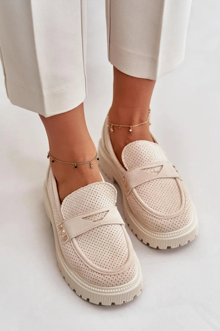 Boto Mokasyny Damskie Zamszowe*Damskie Ażurowe Półbuty Mokasyny Jasnobeżowe Tannes