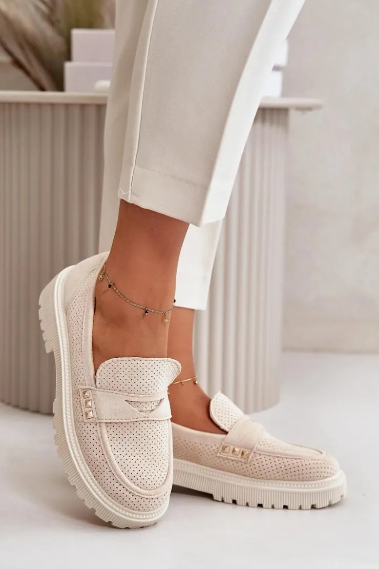 Boto Mokasyny Damskie Zamszowe*Damskie Ażurowe Półbuty Mokasyny Jasnobeżowe Tannes