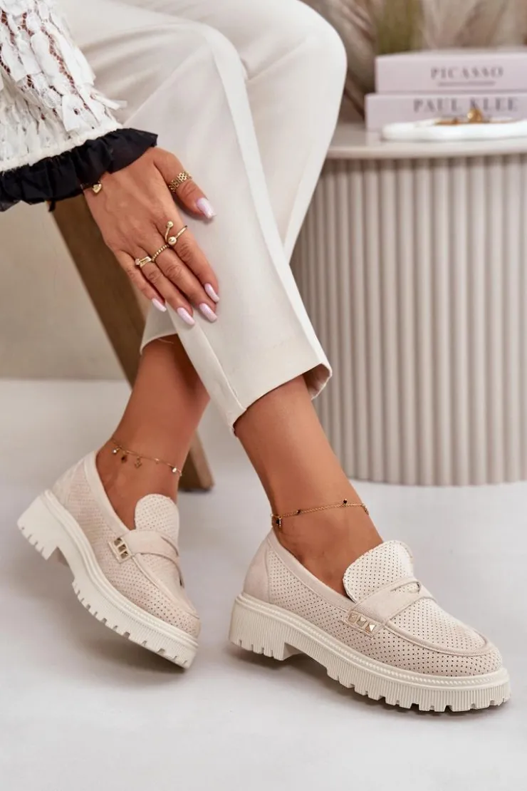 Boto Mokasyny Damskie Zamszowe*Damskie Ażurowe Półbuty Mokasyny Jasnobeżowe Tannes