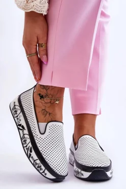 Damskie buty S.Barski Trampki Damskie Slip-On|Trampki Damskie Niskie*Damskie Ażurowe Skórzane Tenisówki Slip-On Białe Sorito