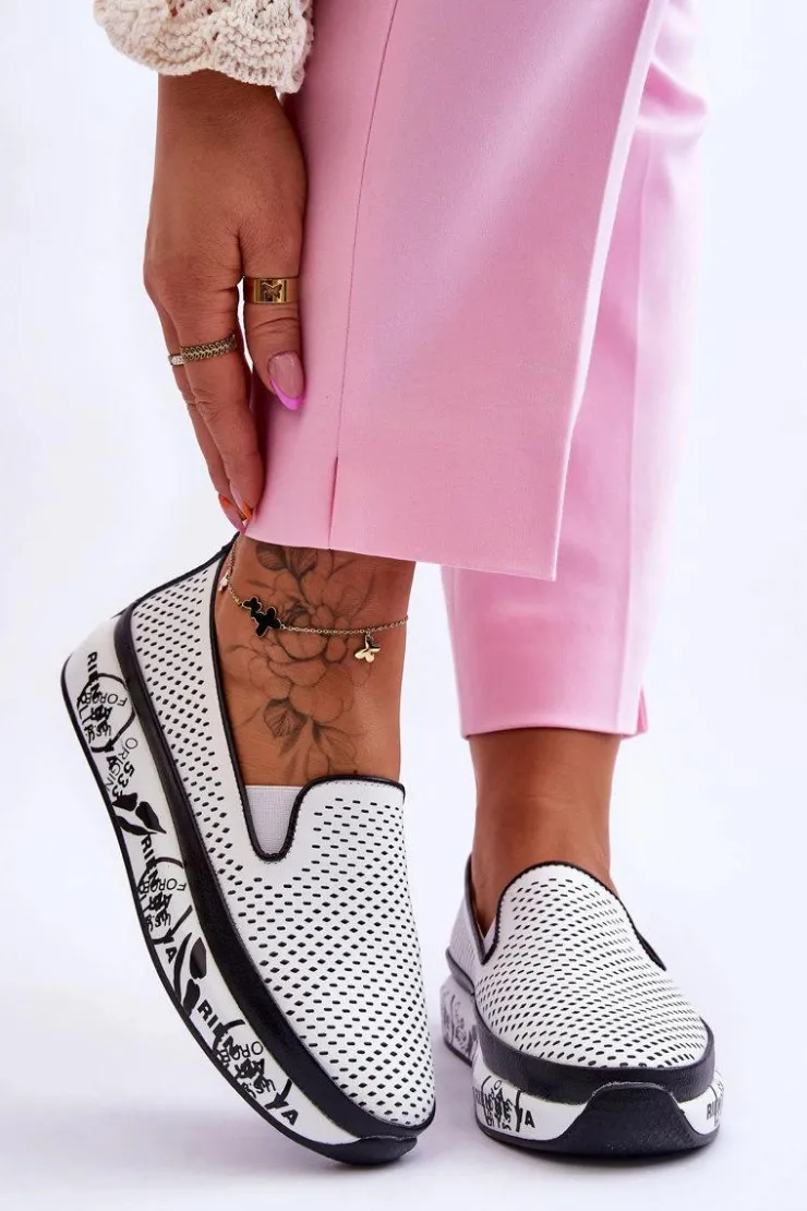 Damskie buty S.Barski Trampki Damskie Slip-On|Trampki Damskie Niskie*Damskie Ażurowe Skórzane Tenisówki Slip-On Białe Sorito