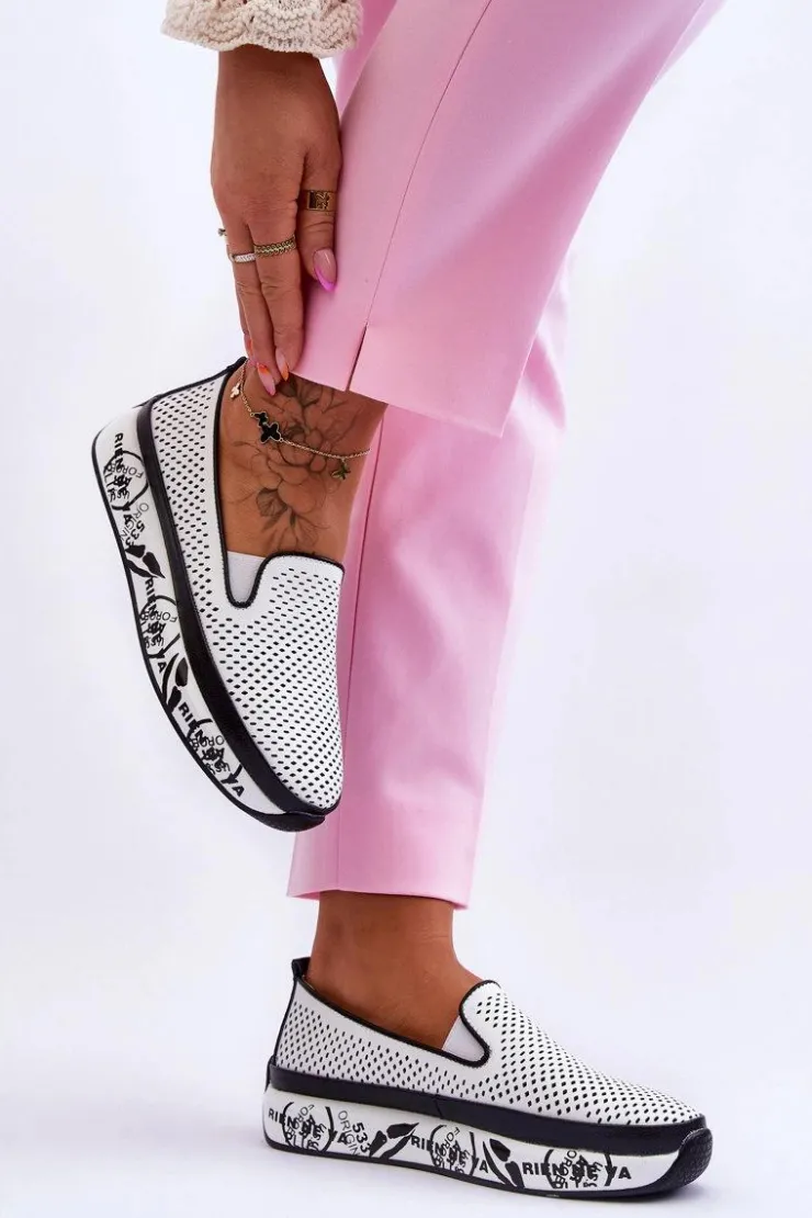 Damskie buty S.Barski Trampki Damskie Slip-On|Trampki Damskie Niskie*Damskie Ażurowe Skórzane Tenisówki Slip-On Białe Sorito