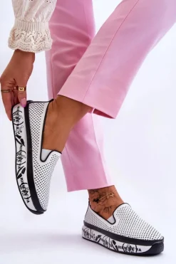 Damskie buty S.Barski Trampki Damskie Slip-On|Trampki Damskie Niskie*Damskie Ażurowe Skórzane Tenisówki Slip-On Białe Sorito