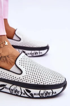 Damskie buty S.Barski Trampki Damskie Slip-On|Trampki Damskie Niskie*Damskie Ażurowe Skórzane Tenisówki Slip-On Białe Sorito