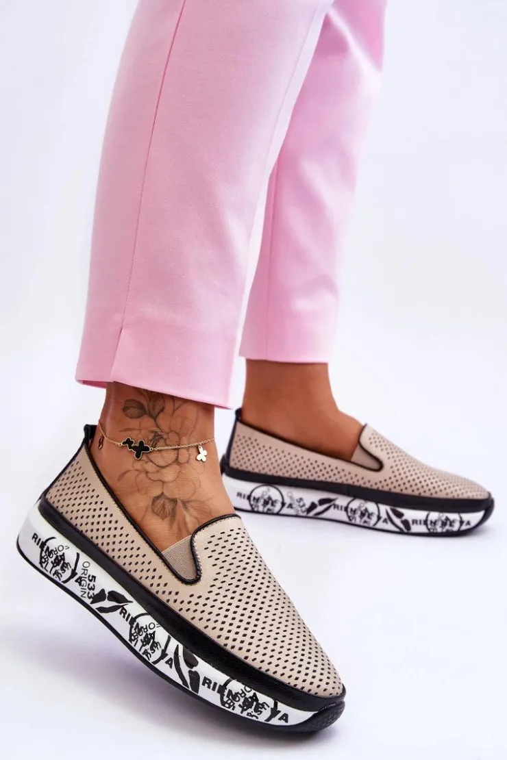 New Damskie buty S.Barski Damskie Ażurowe Skórzane Tenisówki Slip-On Beżowe Sorito