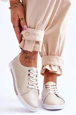 Damskie Damskie buty S.Barski Damskie Ażurowe Skórzane Trampki Beżowe S.Barski LR952