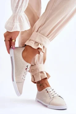 Damskie Damskie buty S.Barski Damskie Ażurowe Skórzane Trampki Beżowe S.Barski LR952