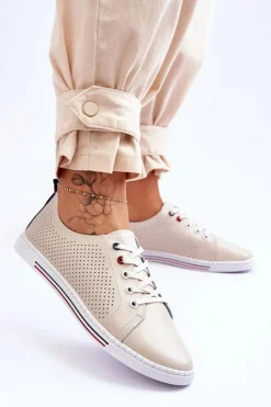 Damskie Damskie buty S.Barski Damskie Ażurowe Skórzane Trampki Beżowe S.Barski LR952