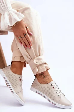 Damskie Damskie buty S.Barski Damskie Ażurowe Skórzane Trampki Beżowe S.Barski LR952