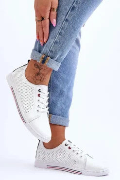 Outlet Damskie buty S.Barski Damskie Ażurowe Skórzane Trampki Białe S.Barski LR952
