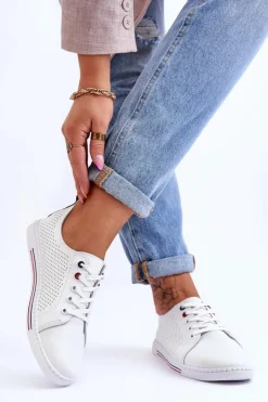 Outlet Damskie buty S.Barski Damskie Ażurowe Skórzane Trampki Białe S.Barski LR952