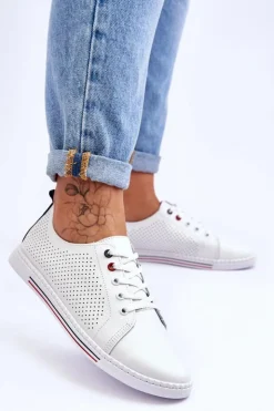 Outlet Damskie buty S.Barski Damskie Ażurowe Skórzane Trampki Białe S.Barski LR952