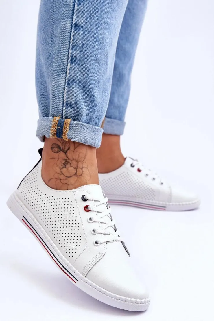 Outlet Damskie buty S.Barski Damskie Ażurowe Skórzane Trampki Białe S.Barski LR952