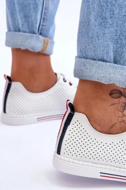 Outlet Damskie buty S.Barski Damskie Ażurowe Skórzane Trampki Białe S.Barski LR952