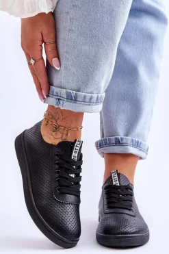 Sale Boto Damskie Ażurowe Sznurowane Trampki Czarne Carinel