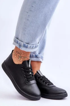 Sale Boto Damskie Ażurowe Sznurowane Trampki Czarne Carinel