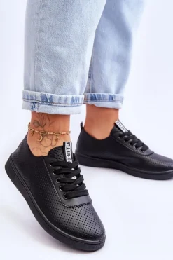 Sale Boto Damskie Ażurowe Sznurowane Trampki Czarne Carinel