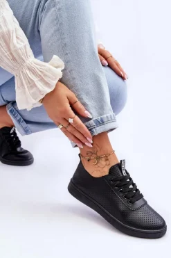 Sale Boto Damskie Ażurowe Sznurowane Trampki Czarne Carinel