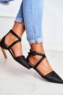 Damskie Boto Damskie Balerinki Brokatowe w Szpic Czarne Vontare