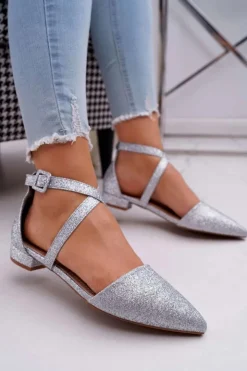 Online Boto Damskie Balerinki Brokatowe w Szpic Srebrne Vontare