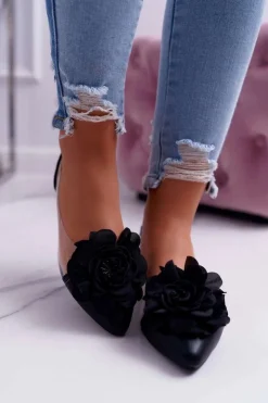 Damskie Boto Damskie Balerinki Lu Boo Czarne Z Kwiatem Transparentne Dairin