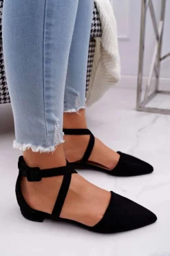 Damskie Boto Damskie Balerinki Zamszowe w Szpic Czarne Vontare