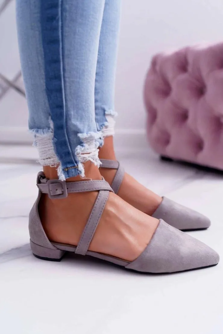 Damskie Boto Damskie Baleriny Szare Zamszowe W Szpic Medena