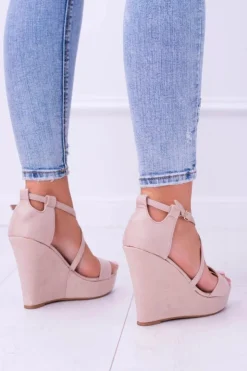 Damskie Boto Damskie Beżowe Zamszowe Sandały Na Koturnie Eline