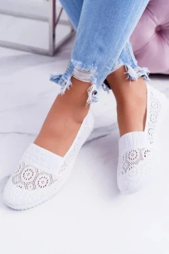 Online Boto Damskie Białe Koronkowe Balerinki Sensitive