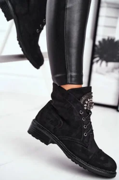 Damskie Boto Damskie Botki Ciepłe Zamszowe Kryształki Czarne Hondus